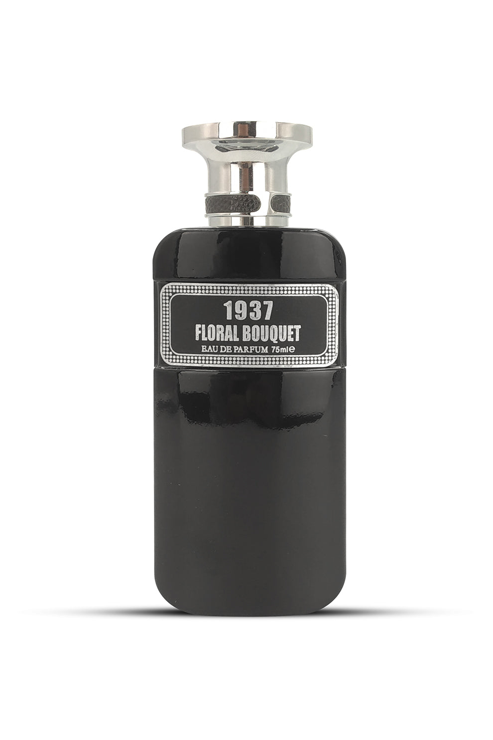 A black perfume bottle with a silver cap labeled '1937 FLORAL BOUQUET'.