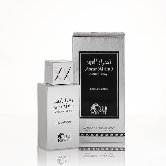 Asrar Al Oud Amber Spicy perfume bottle and packaging on a white background