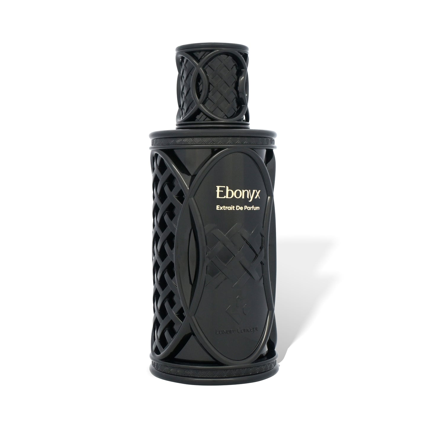 Black perfume bottle with 'Ebonyx' branding on a white background