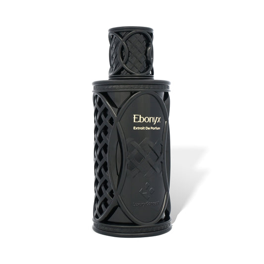 Ebonyx unisex extrait de parfum black lattice perfume bottle angled view, Luxury Concept long lasting luxury scent.