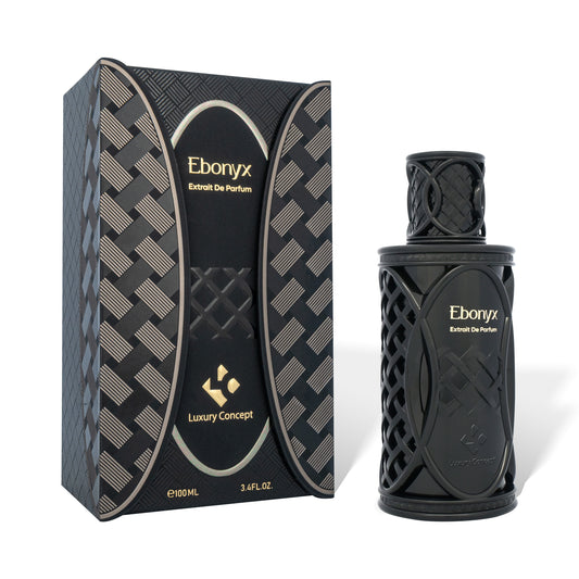 Ebonyx extrait de parfum bottle with black and gold patterned packaging by Luxury Concept, premium niche unisex fragrance.