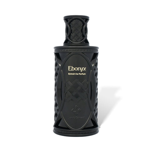 Ebonyx unisex extrait de parfum bottle by Luxury Concept, matte black lattice design perfume bottle, niche luxury fragrance.