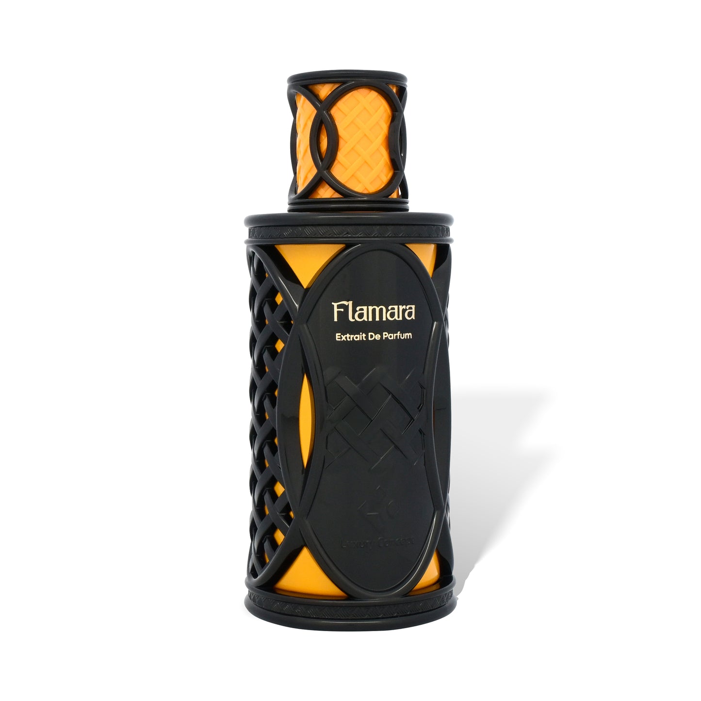 Flamara perfume bottle with black and orange design on a white background