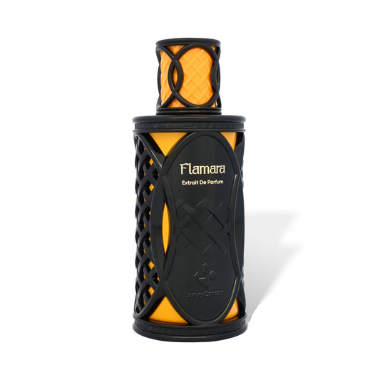 Flamara unisex extrait de parfum black lattice perfume bottle angled view with amber interior accents, luxury niche fragrance.