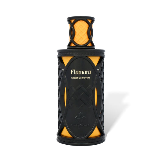 Flamara extrait de parfum unisex perfume bottle by Luxury Concept, black lattice bottle with amber glow accents, niche luxury fragrance.