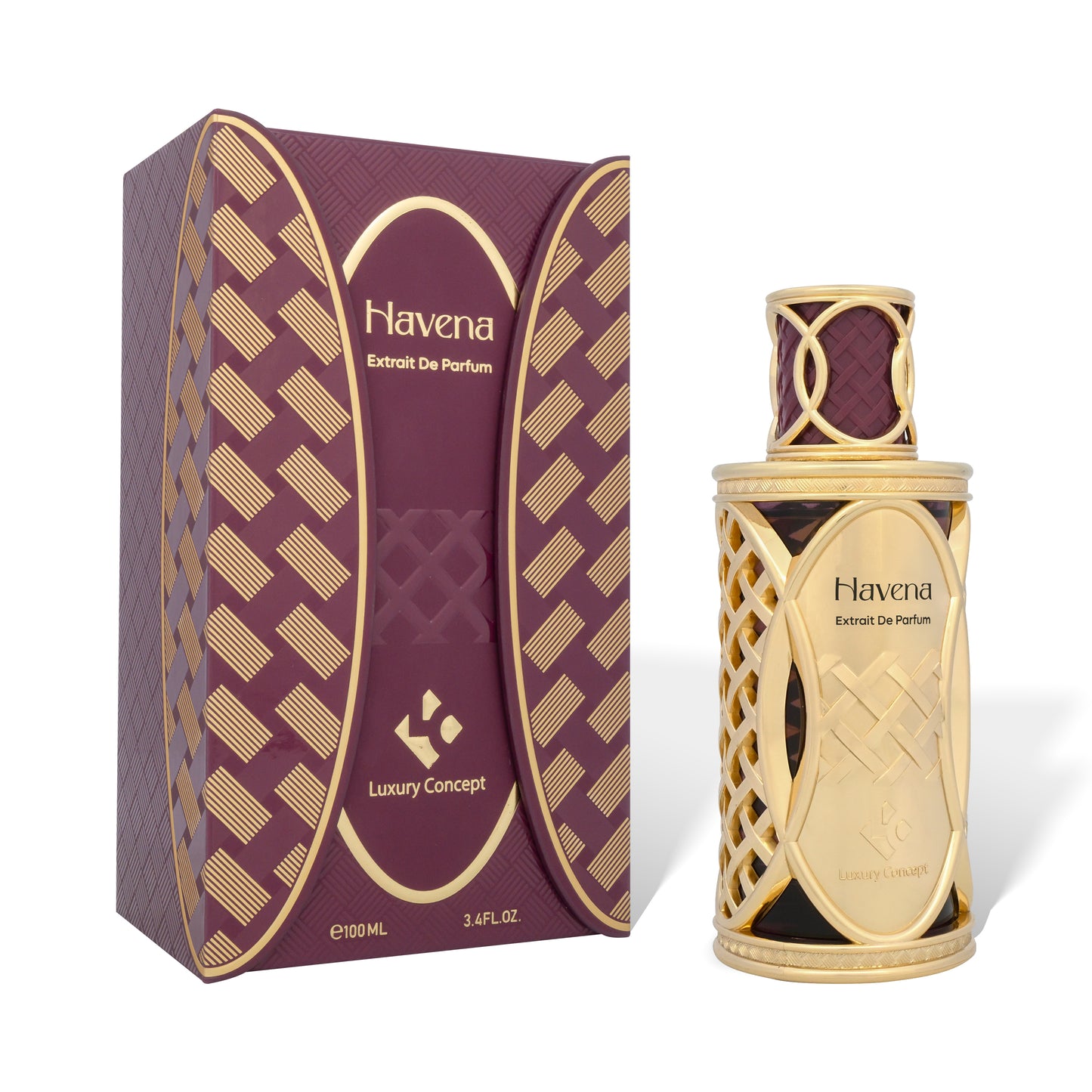 Havena extrait de parfum bottle with burgundy patterned packaging and gold bottle by Luxury Concept, premium niche fragrance.