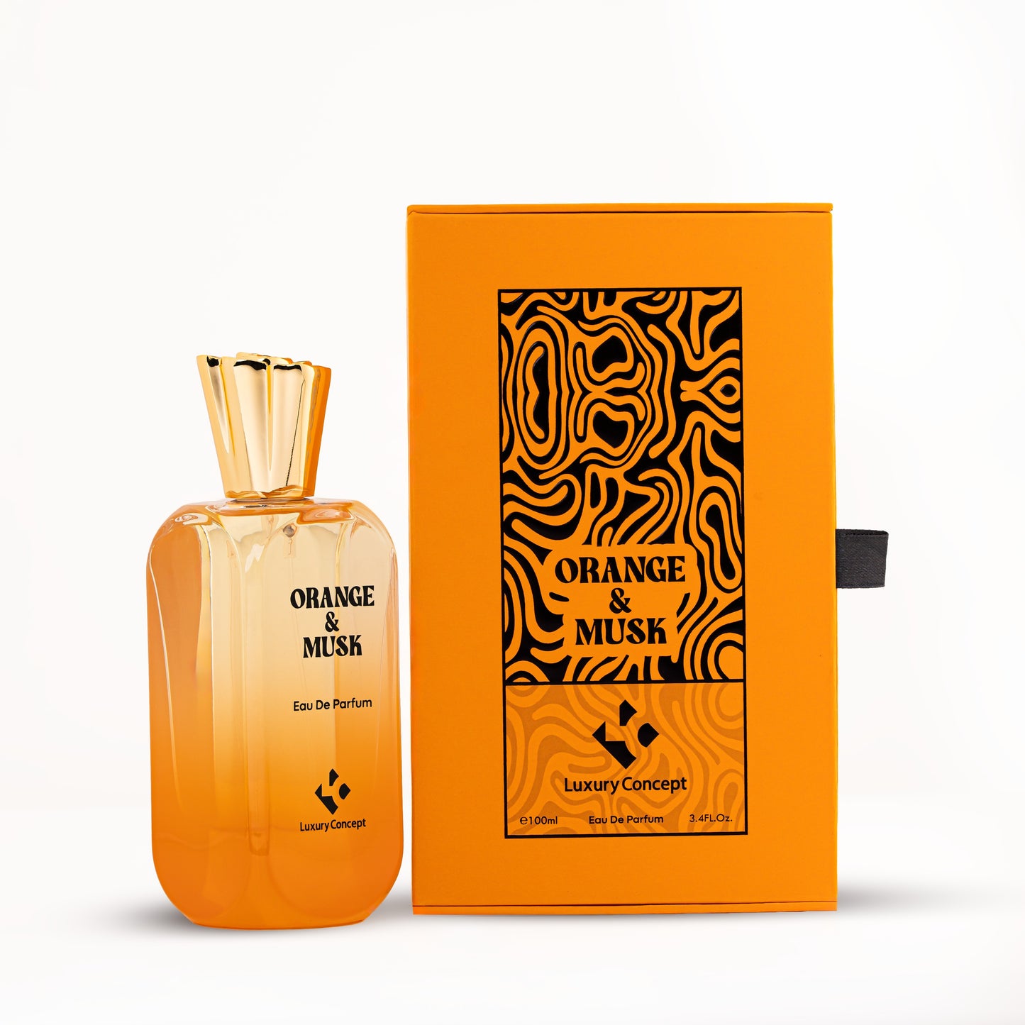 Premium Orange & Musk packaging with structured box and metallic typeface, ideal for Ramadan fragrance gifting in the UAE.