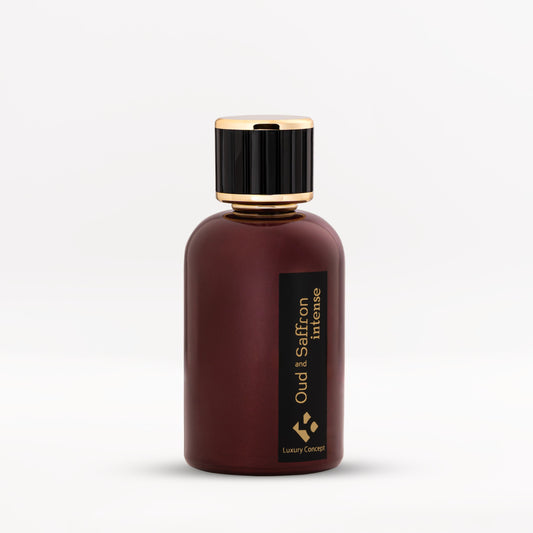 Oud & Saffron Intense fragrance bottle with rich color gradient and refined faceplate, conveying warm spicy and woody depth with smoky tobacco nuance.