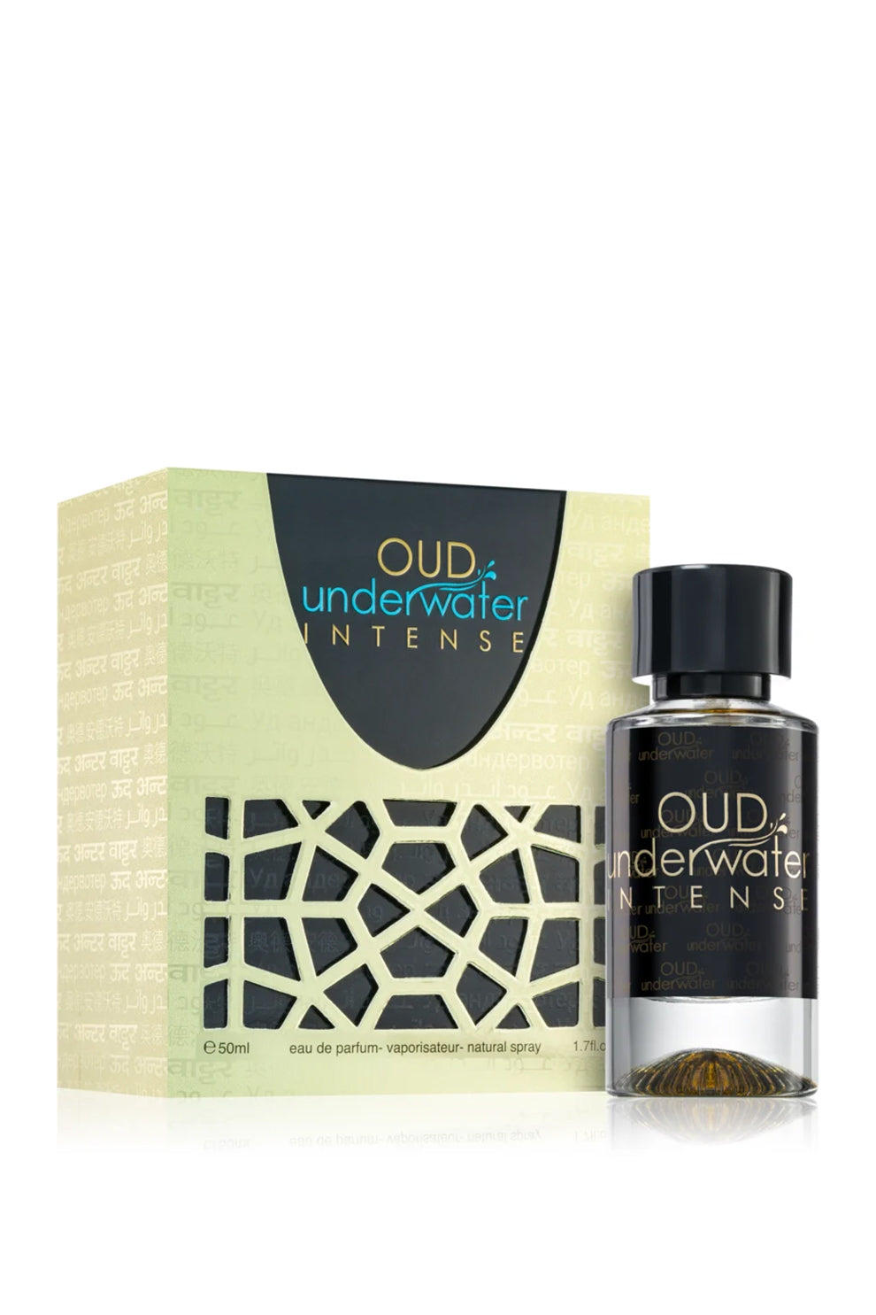 Oud Under Water Intense Eau de Parfum 50ml bottle and its elegant packaging by Luxury Concept Arabian oud fragrance with amber and musk accords