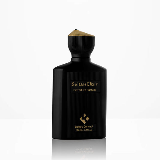 Black perfume bottle labeled 'Sultan Elixir' on a white background