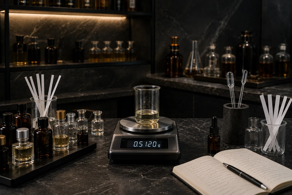 Perfumer weighing fragrance concentrate on a precision balance at the Luxury Concept facility in Dubai