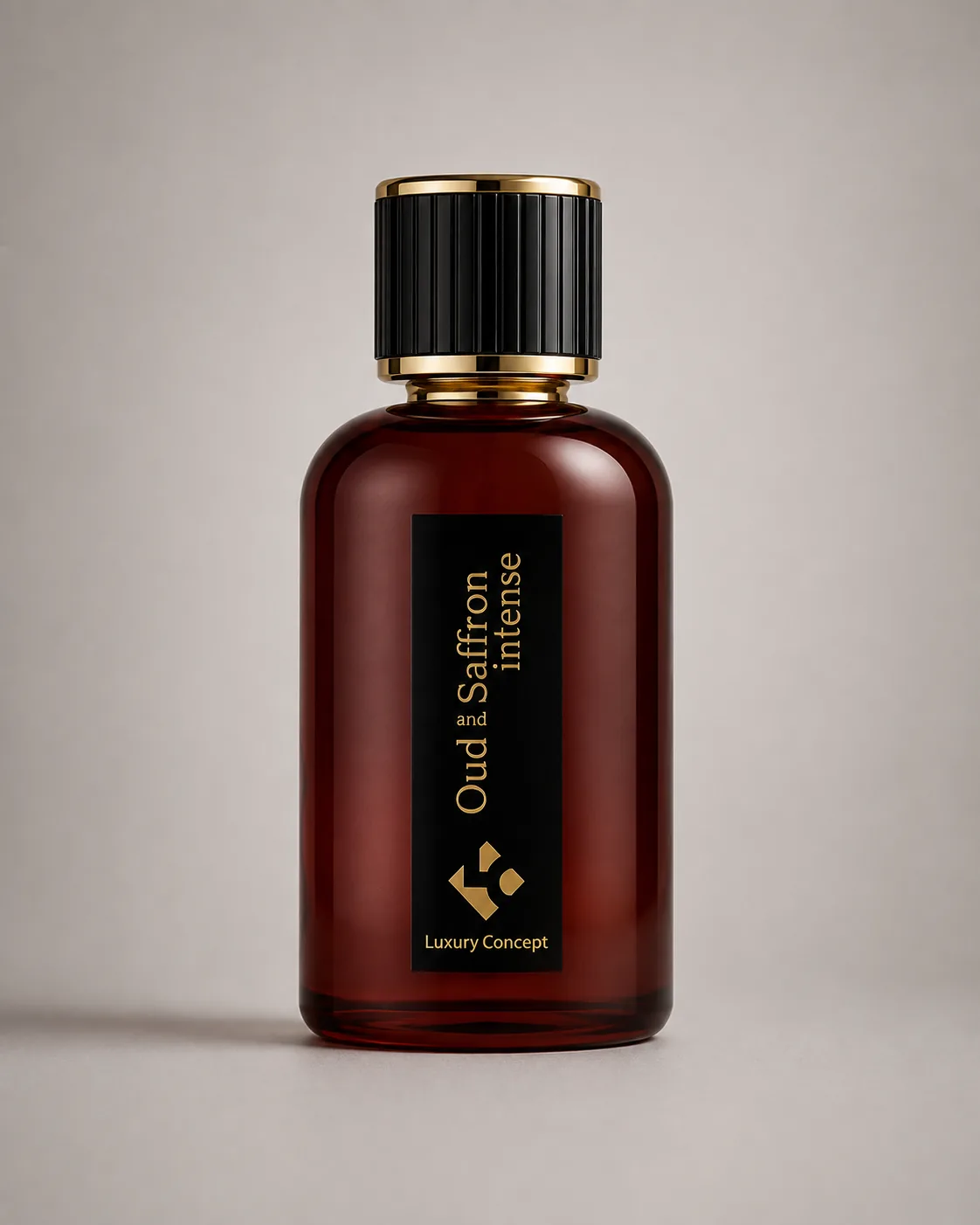 Oud and Saffron Intense Extrait de Parfum in an amber glass bottle