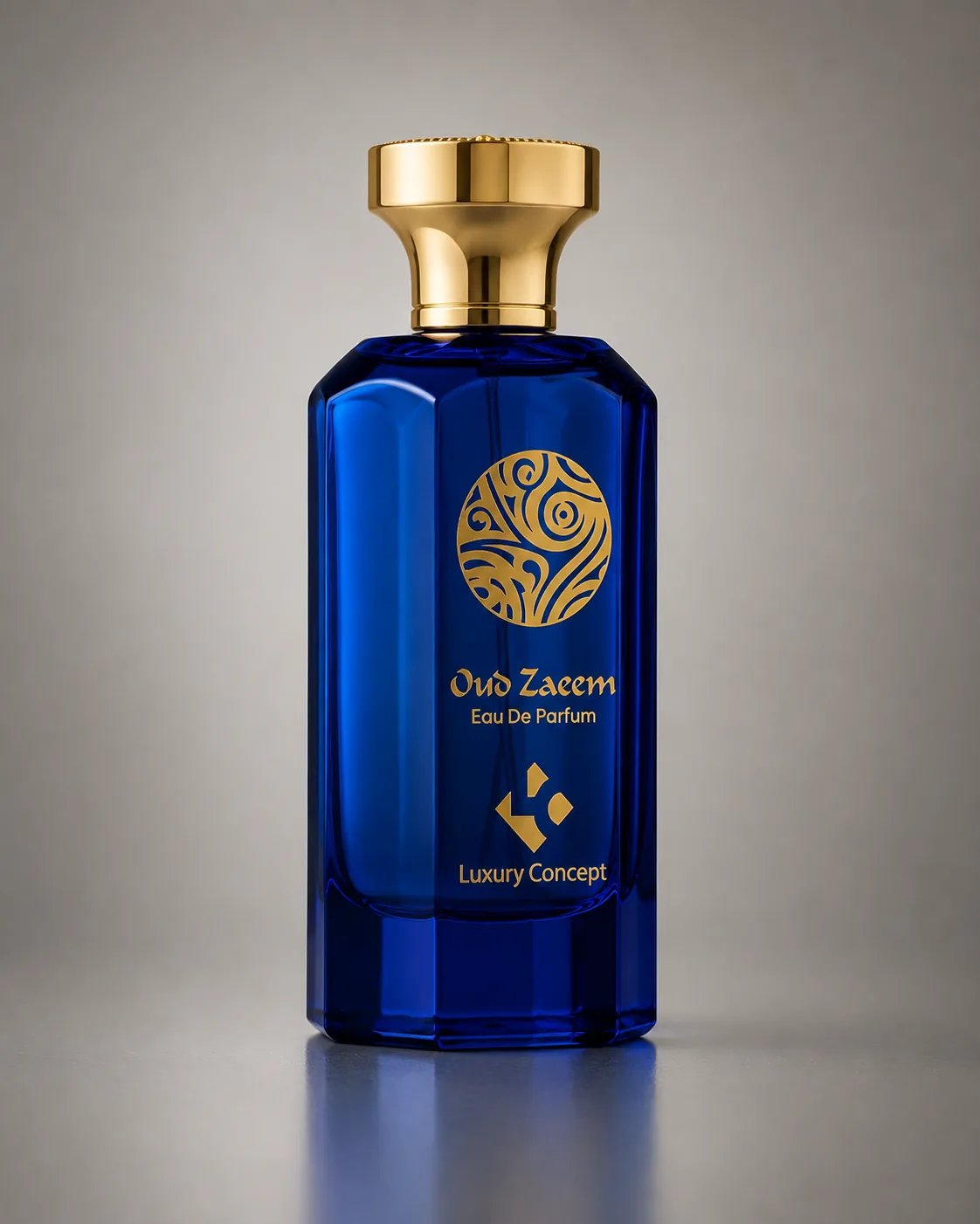 Oud Zaeem Eau de Parfum in a cobalt blue bottle with a gold cap