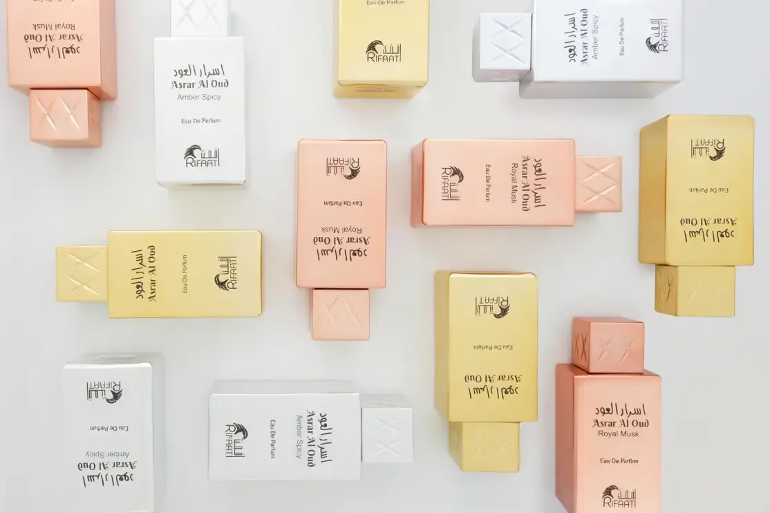 Private label perfume cartons and bottles produced for a client brand at a Dubai fragrance manufacturer