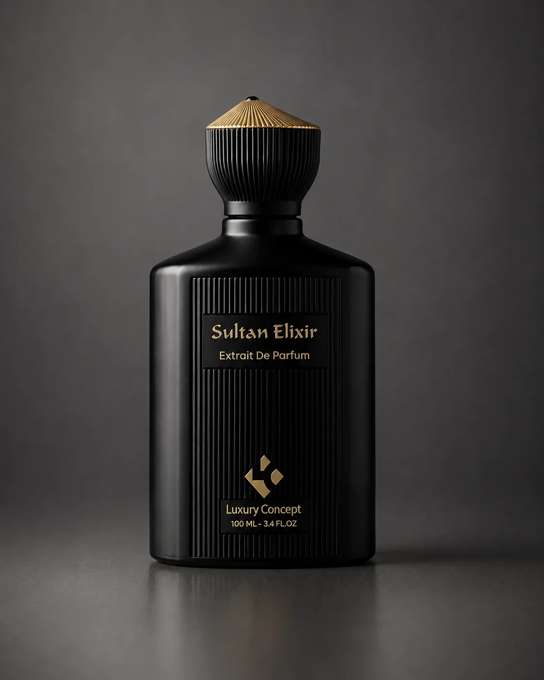 Sultan Elixir Extrait de Parfum in a black bottle with a domed cap