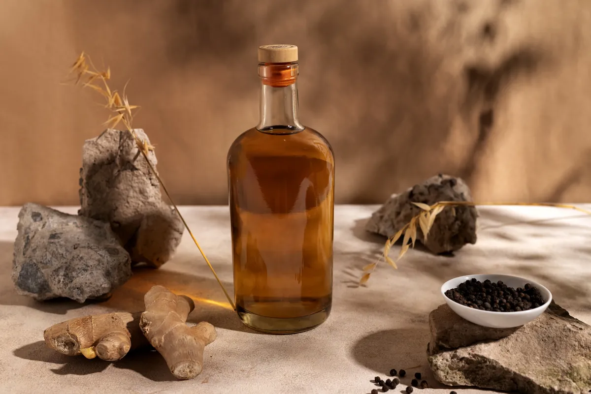 Amber oud perfume bottle on stone surrounded by raw botanical materials