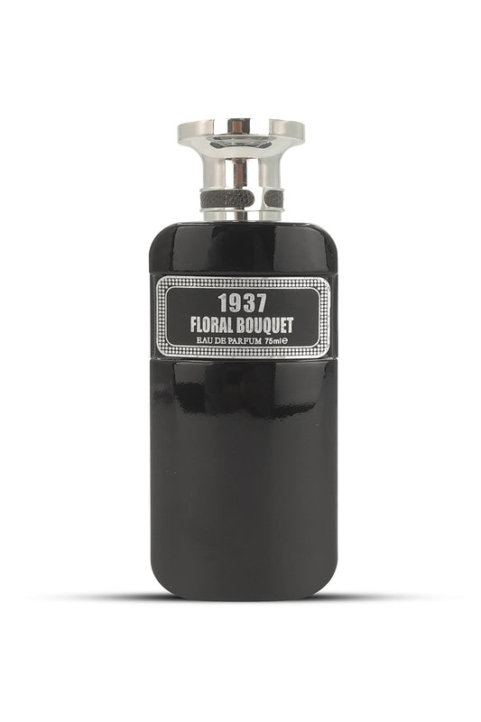 A black perfume bottle with a silver cap labeled '1937 FLORAL BOUQUET'.