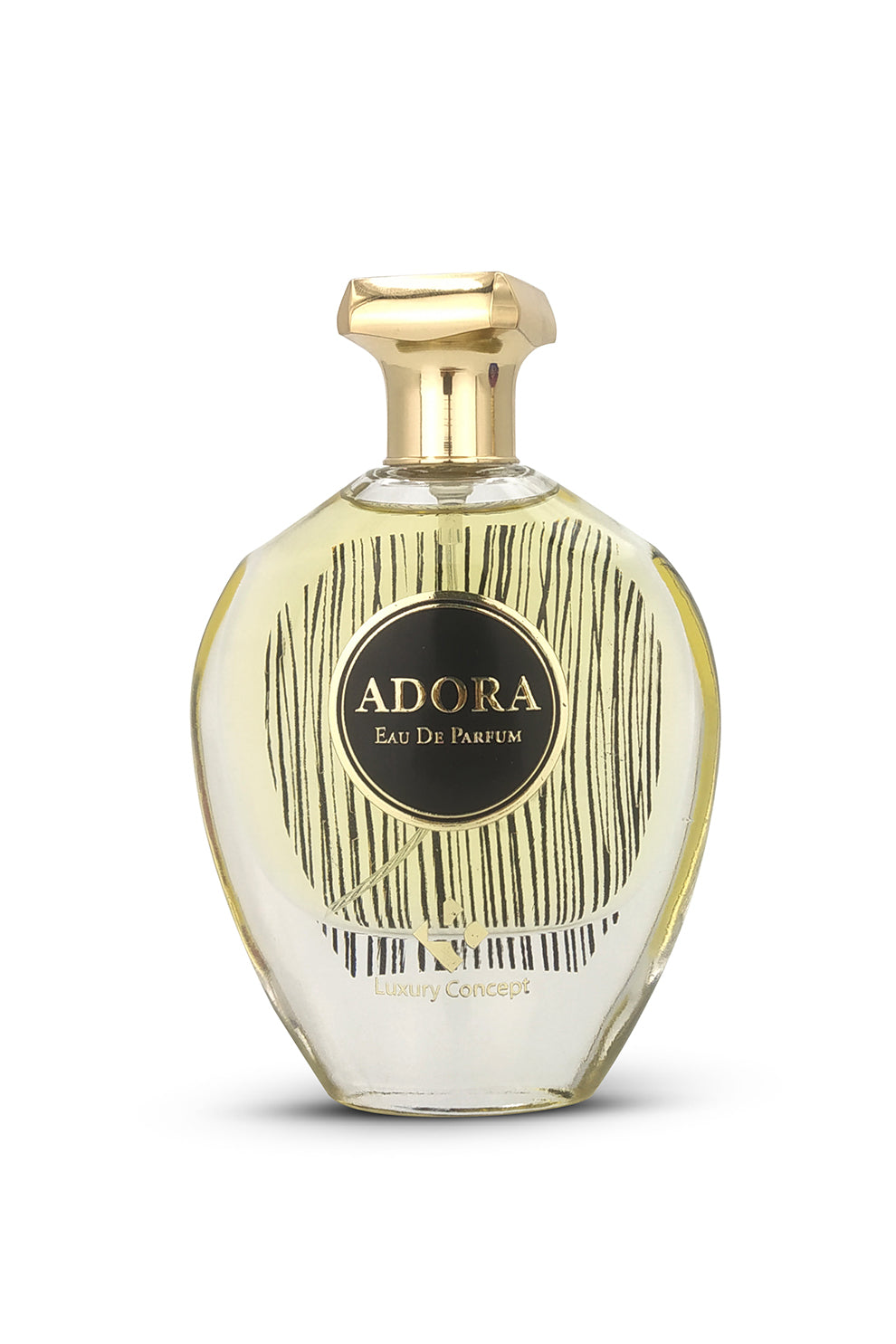 A perfume bottle with a clear glass and gold-colored cap, labeled 'ADORA Eau de Parfum'.