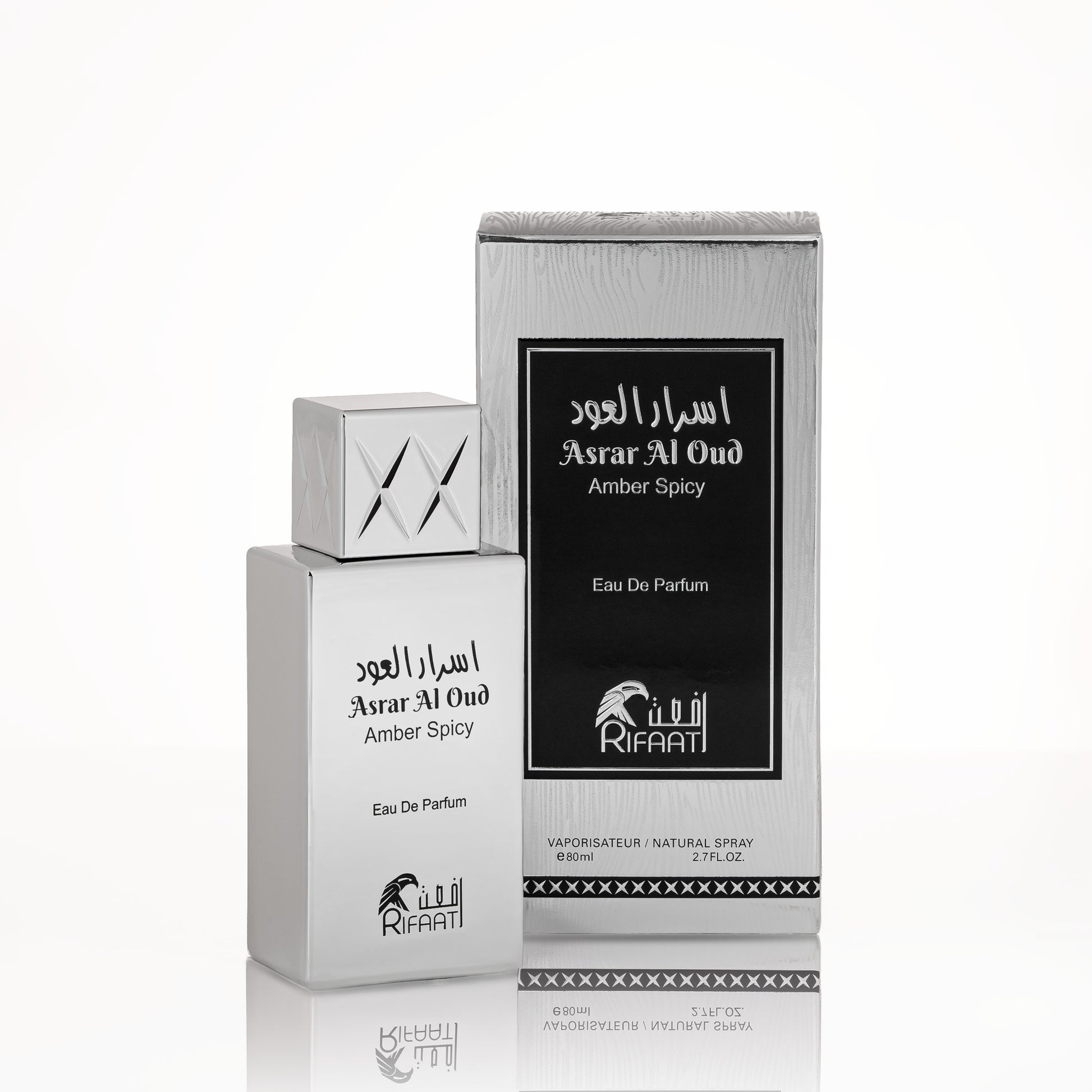 Asrar Al Oud Amber Spicy perfume bottle and packaging on a white background