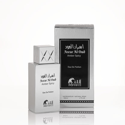 Asrar Al Oud Amber Spicy perfume bottle and packaging on a white background