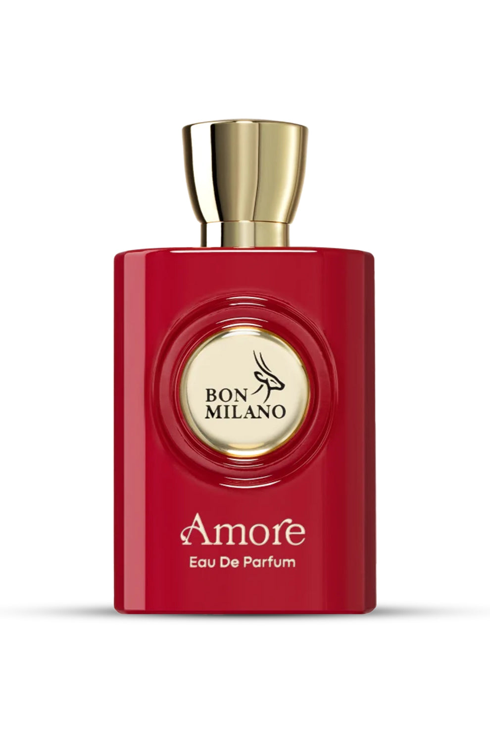 A red perfume bottle with a gold-colored cap, labeled 'Bon Milano AMORE EDP 100 ML'.