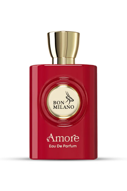 A red perfume bottle with a gold-colored cap, labeled 'Bon Milano AMORE EDP 100 ML'.