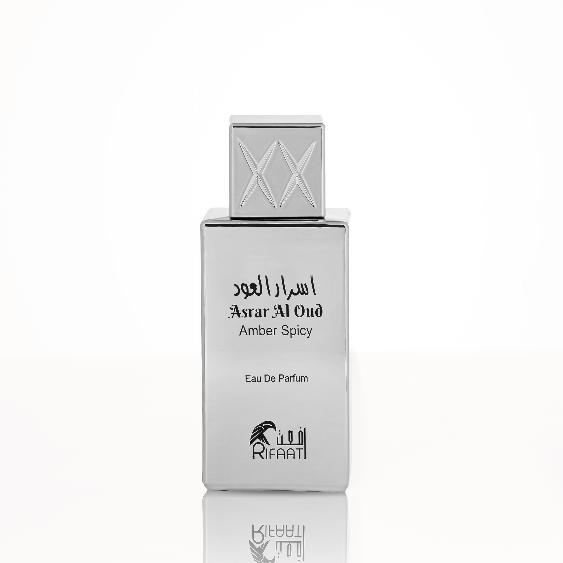 Perfume bottle labeled 'Asrar Al Oud Amber Spicy' by Rifaati on a white background