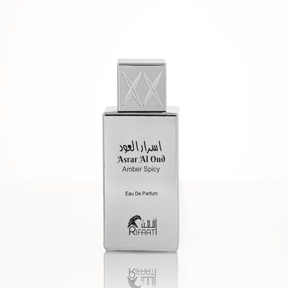 Perfume bottle labeled 'Asrar Al Oud Amber Spicy' by Rifaati on a white background