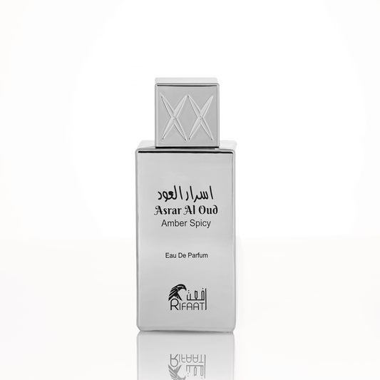 Perfume bottle labeled 'Asrar Al Oud Amber Spicy' by Rifaati on a white background