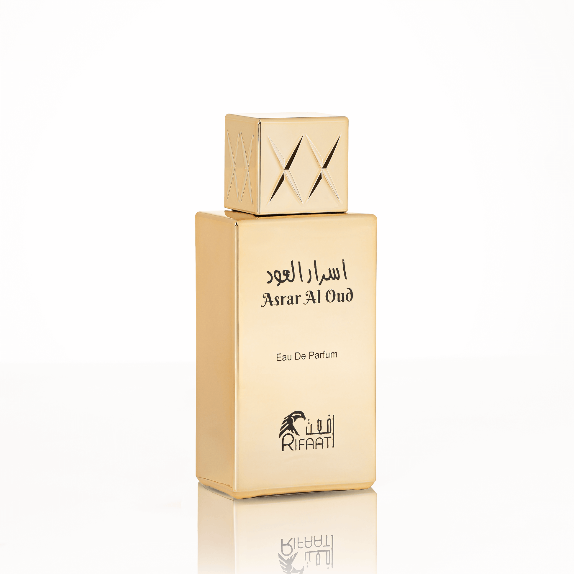 Gold-toned heavy glass perfume bottle with a textured cap and elegant calligraphy label, capturing UAE luxury and rich oud character.