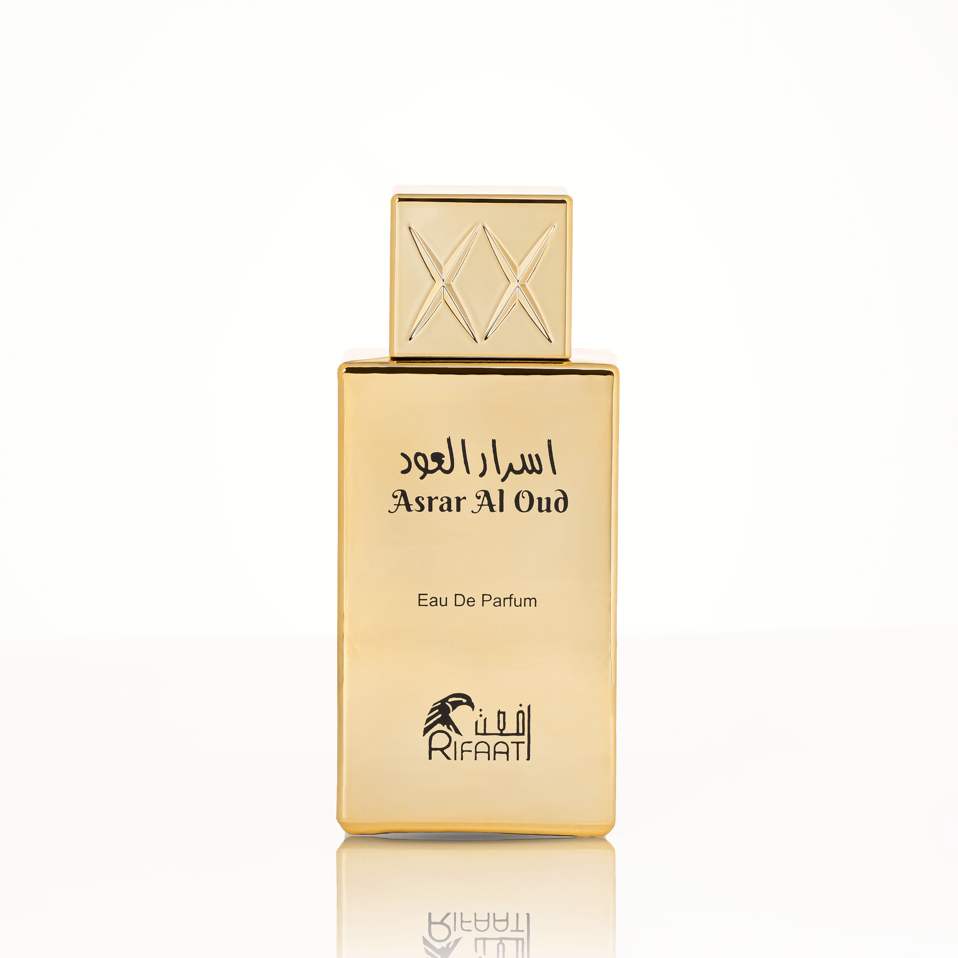 Polished gold metallic bottle of Asrar Al Oud with warm amber hues, echoing traditional Arabian scent culture for Ramadan evenings in the UAE.