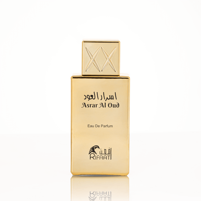 Polished gold metallic bottle of Asrar Al Oud with warm amber hues, echoing traditional Arabian scent culture for Ramadan evenings in the UAE.