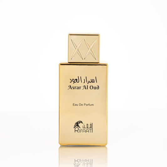 Polished gold metallic bottle of Asrar Al Oud with warm amber hues, echoing traditional Arabian scent culture for Ramadan evenings in the UAE.
