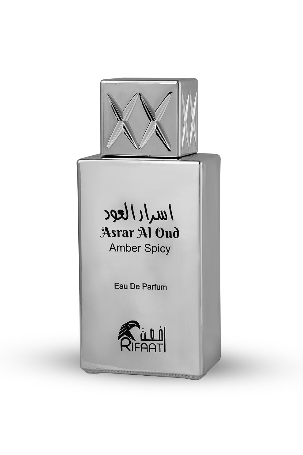 A silver-colored bottle of RIFAAT AMBER SPICY EAU DE PARFUM with a clear glass top and label detailing.