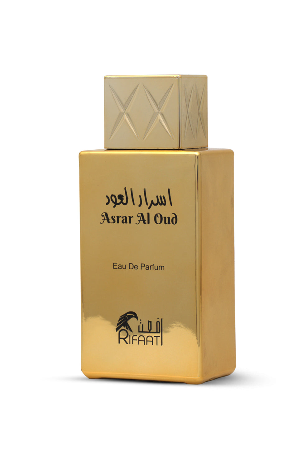 A gold-colored bottle of ASRAR AL OUD Eau de Parfum with a textured cap.