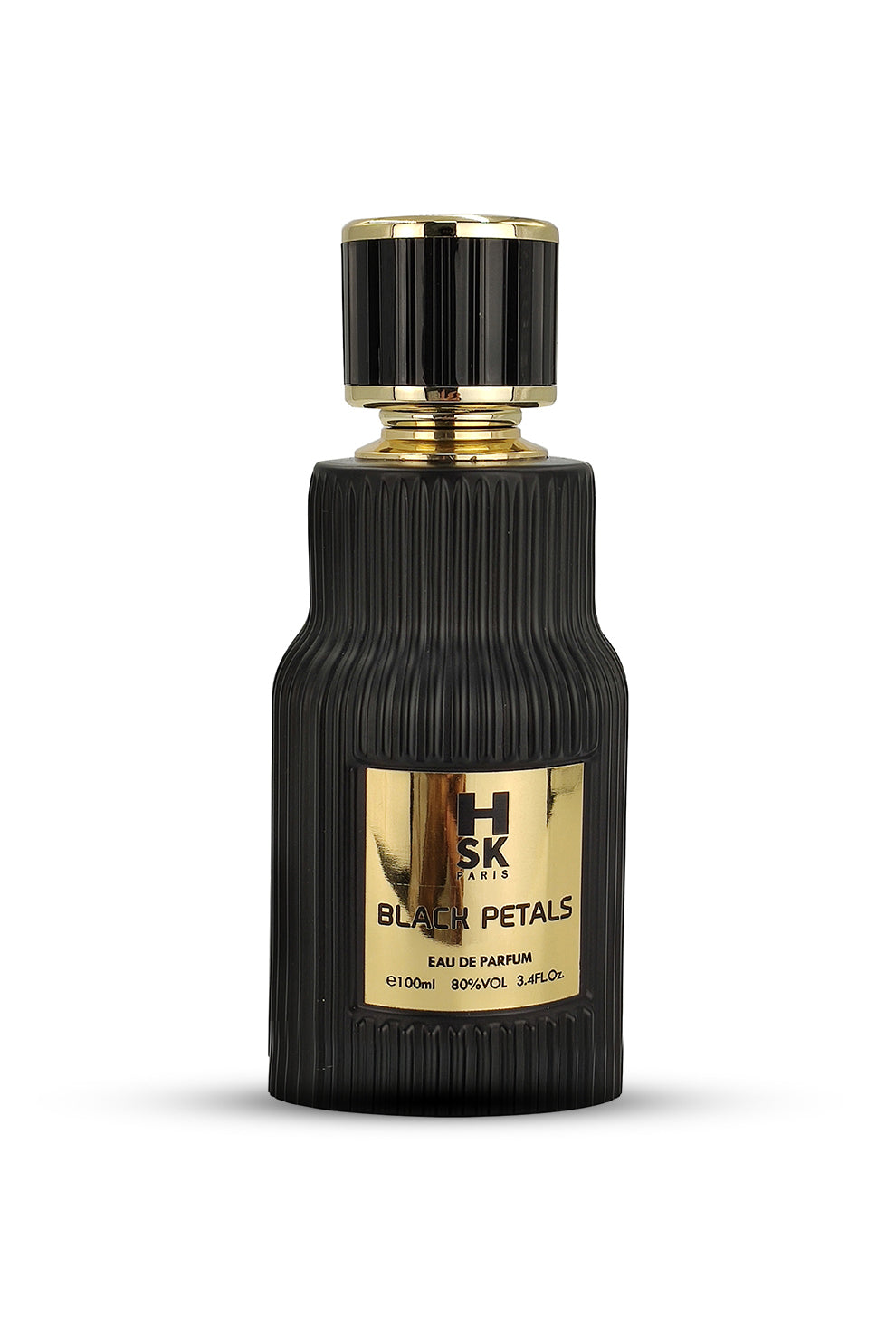 A black perfume bottle with gold details, labeled 'HSK PARIS BLACK PETALS EAU & DE PARFUM'.