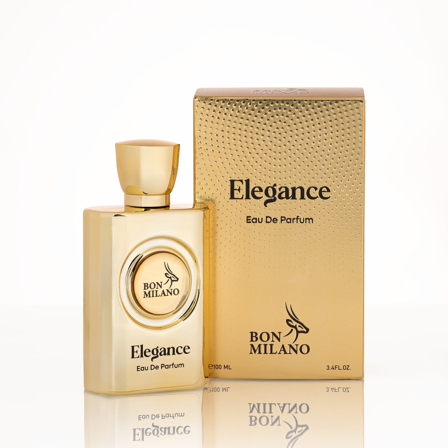 Gold luxury box for Elegance fragrance with metallic foiling and embossed logo, aligning with premium UAE Ramadan gift aesthetics.