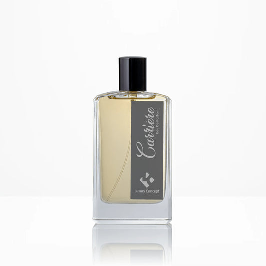 Perfume bottle with a black cap on a white background