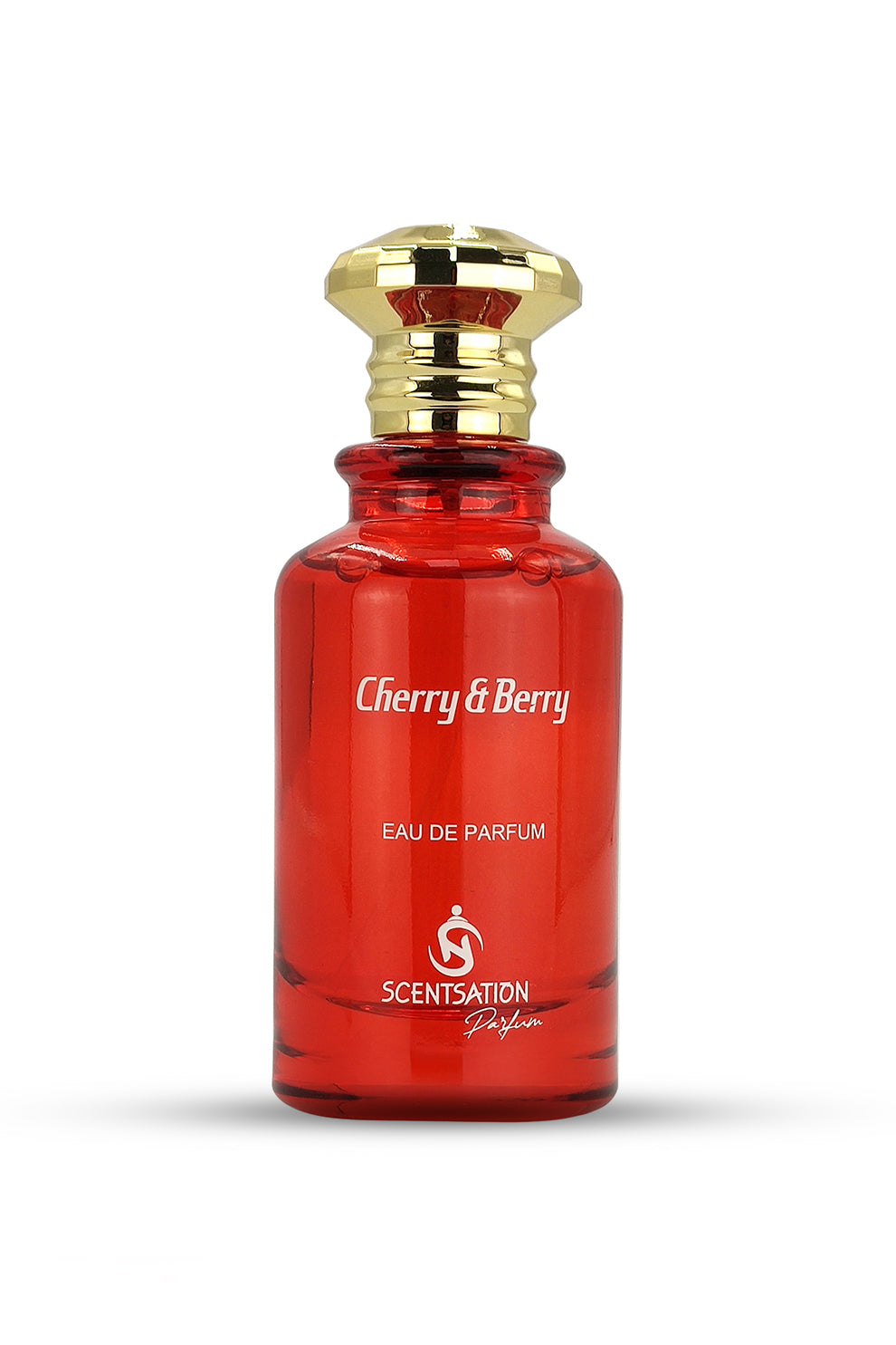A red perfume bottle with a gold-colored cap, labeled 'Cherry & Berry'.