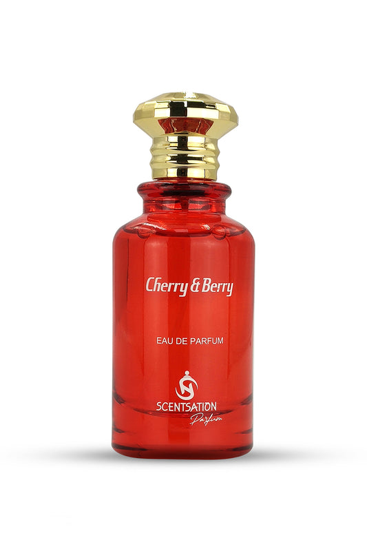 A red perfume bottle with a gold-colored cap, labeled 'Cherry & Berry'.