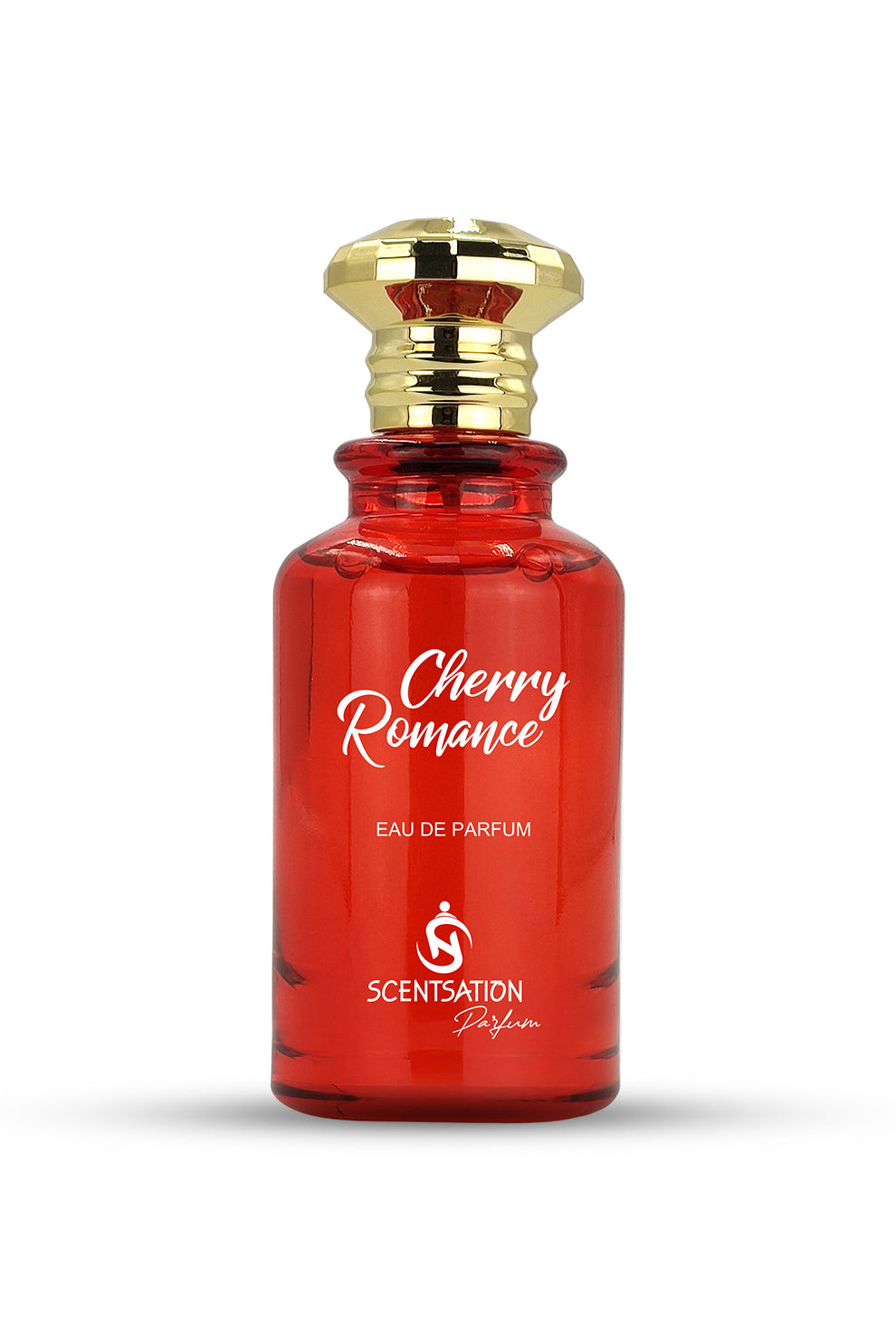 A red perfume bottle with a gold-colored cap, labeled 'Cherry Romance Eau de Parfum'.