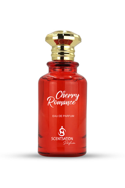 A red perfume bottle with a gold-colored cap, labeled 'Cherry Romance Eau de Parfum'.