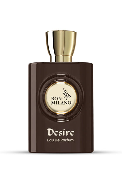 A dark brown bottle of Bon Milano Desire EDP perfume with a gold-colored cap.