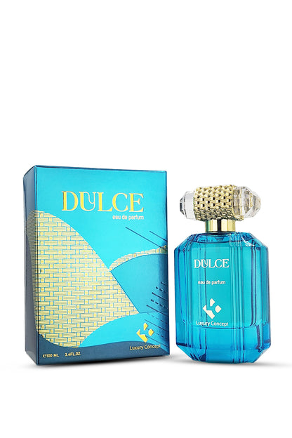 Dulce Eau de Parfum 100ml bottle and its sustainable packaging by Luxury Concept Warm amber perfume with tea and spice character