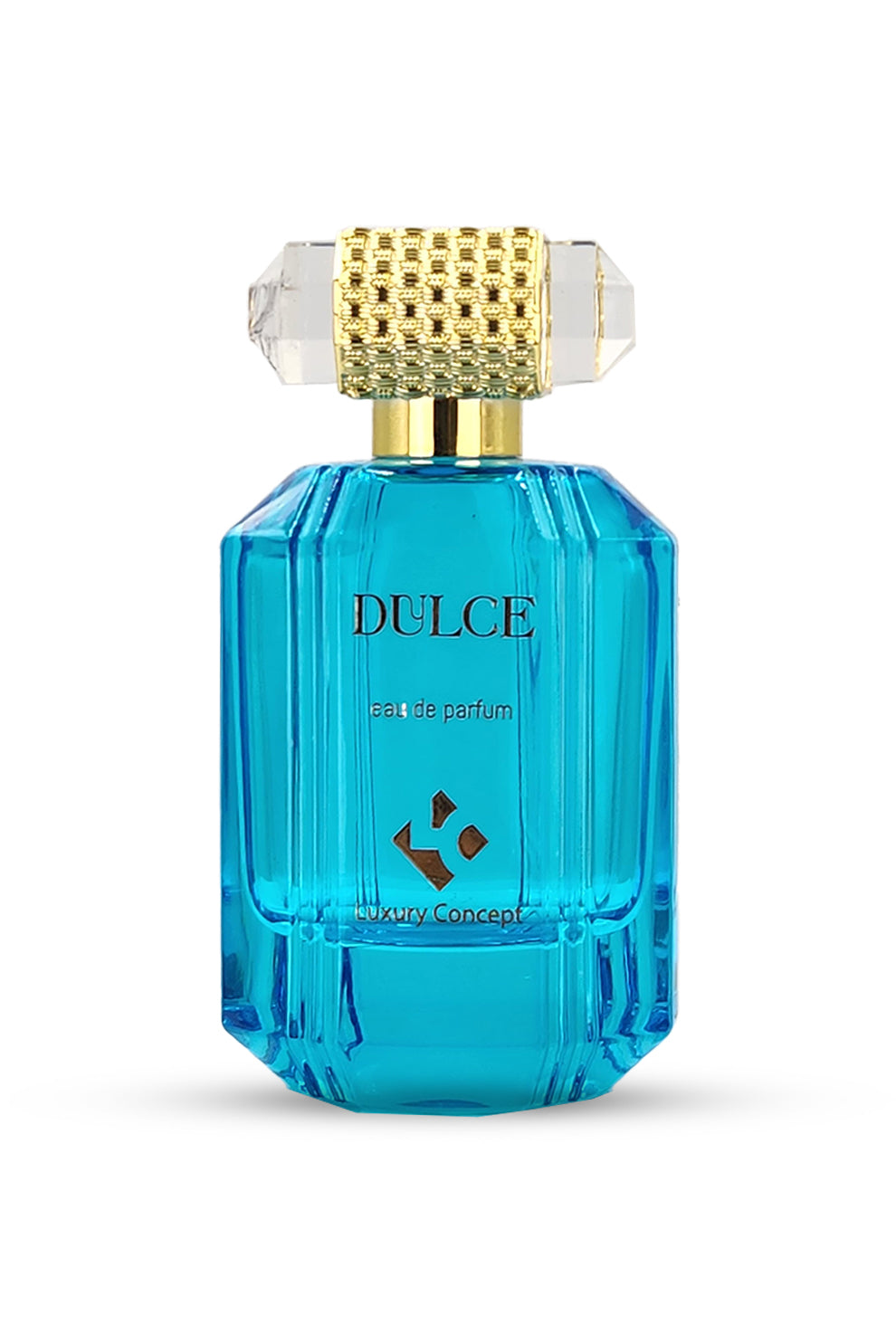 A blue perfume bottle with a gold cap, labeled 'DULCE EAU DE PARFUM'.