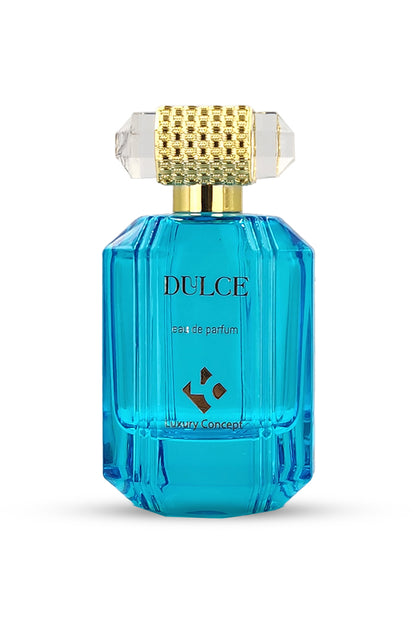 A blue perfume bottle with a gold cap, labeled 'DULCE EAU DE PARFUM'.