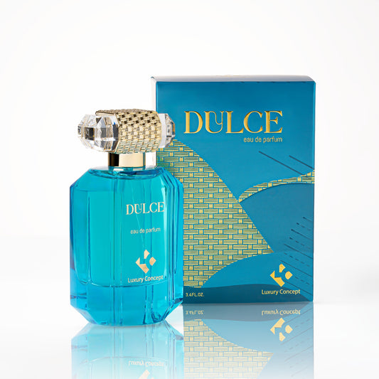 Luxury Dulce perfume packaging in sophisticated navy and gold accents with embossed branding, ideal for UAE Ramadan fragrant gifts.