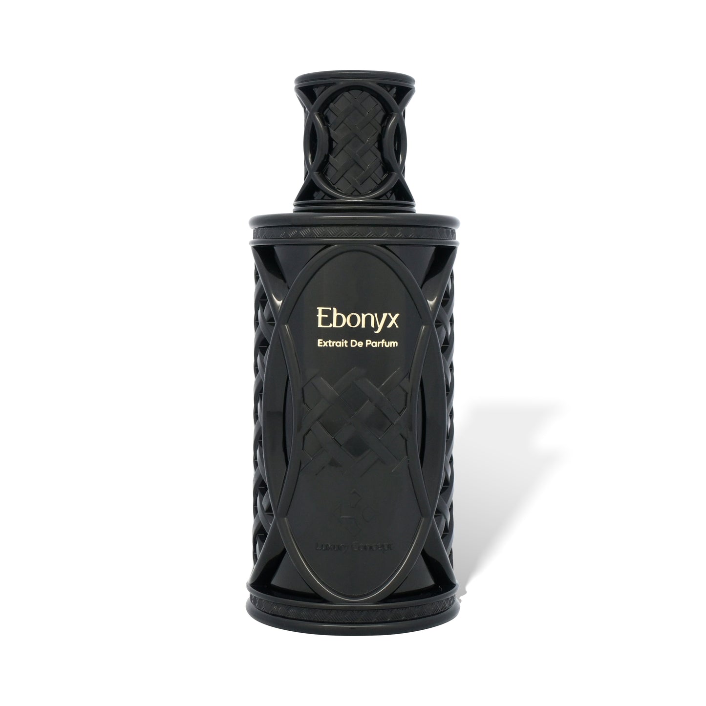 Black perfume bottle labeled 'Ebonyx' on a white background