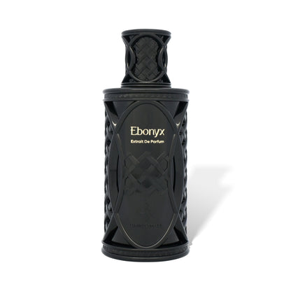 Black perfume bottle labeled 'Ebonyx' on a white background