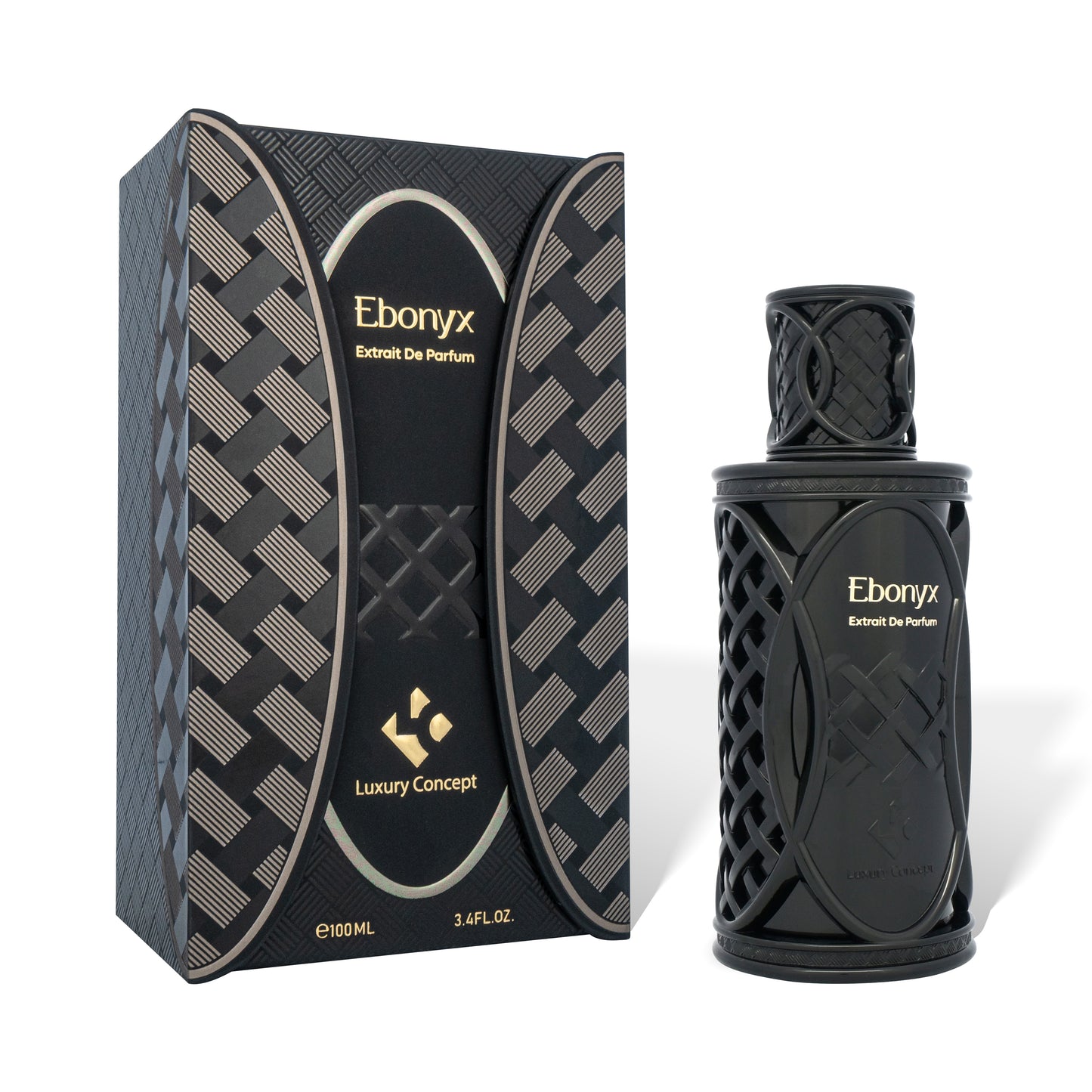 Black Ebonyx perfume bottle and packaging on a white background